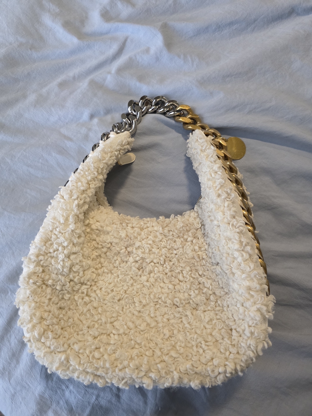 Stella McCartney Cream Bouclé Hobo Bag with Mixed Metal Chain